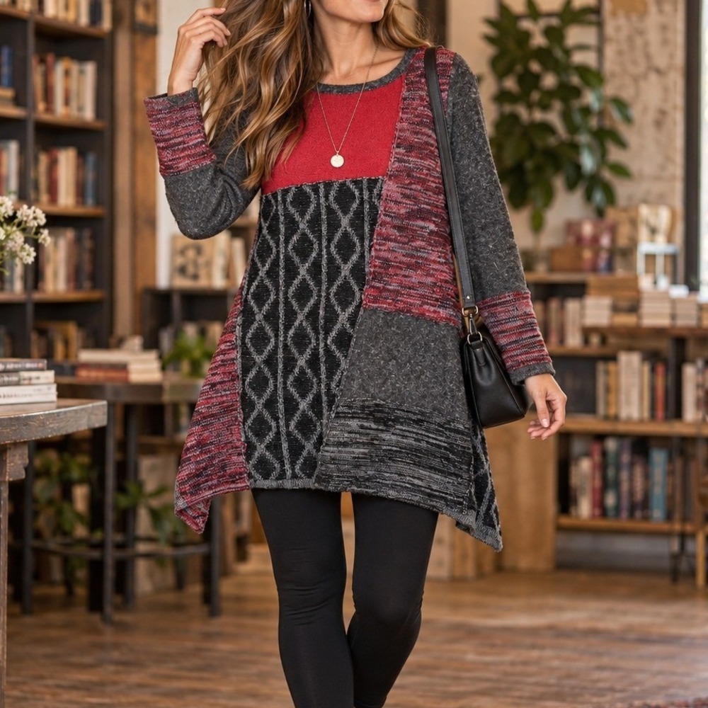 Style & Co Patchwork Sweater Womens Medium Boho Knit Artsy